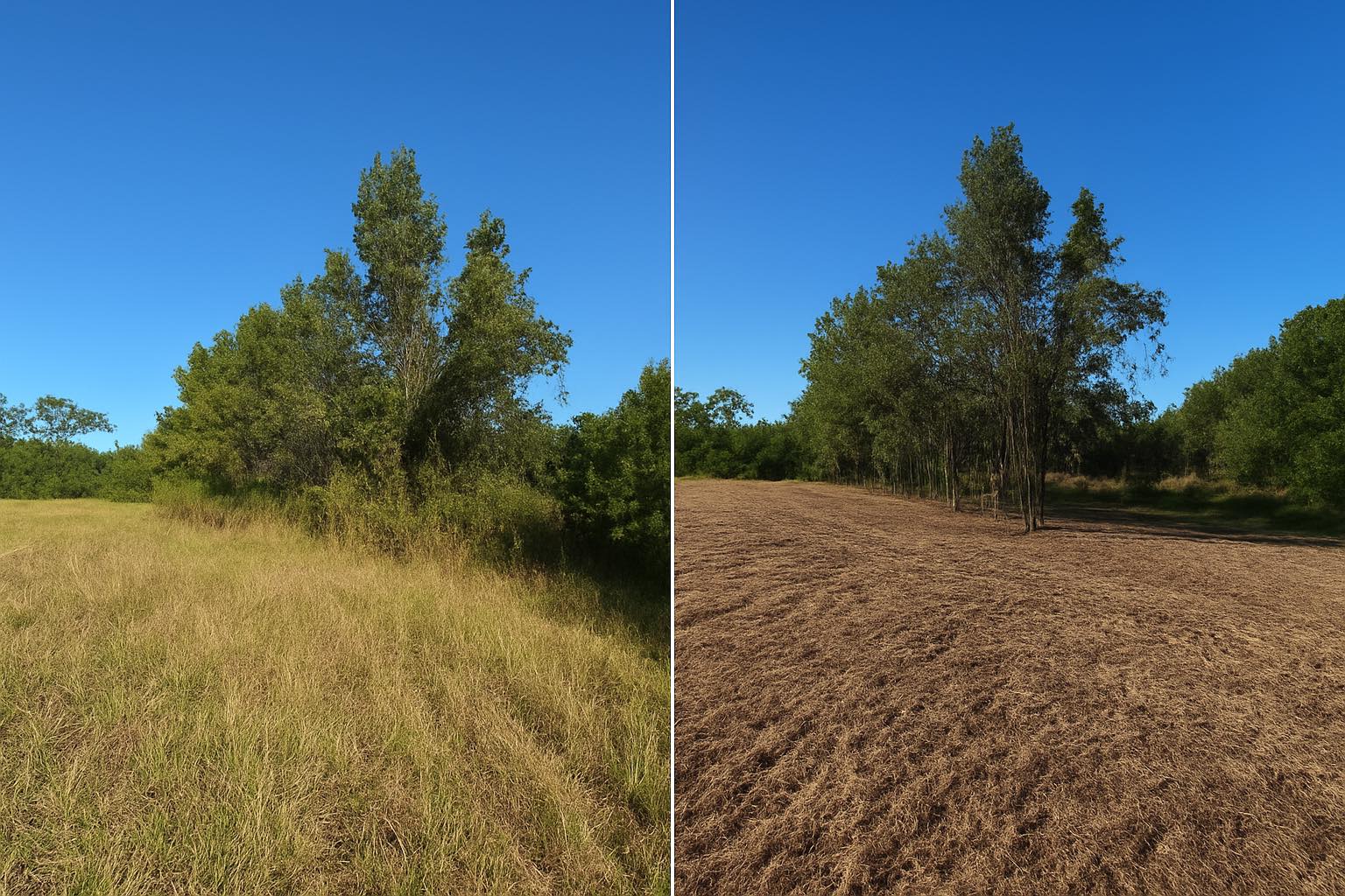 Before and after land clearing in Savannah, GA - overgrown lot transformed